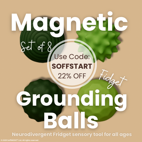 Each different textured magnetic grounding balls(spiky, indented, bobbled,rippled on a beige background and the a white circle label with a 22% off discount code SOFFMODE